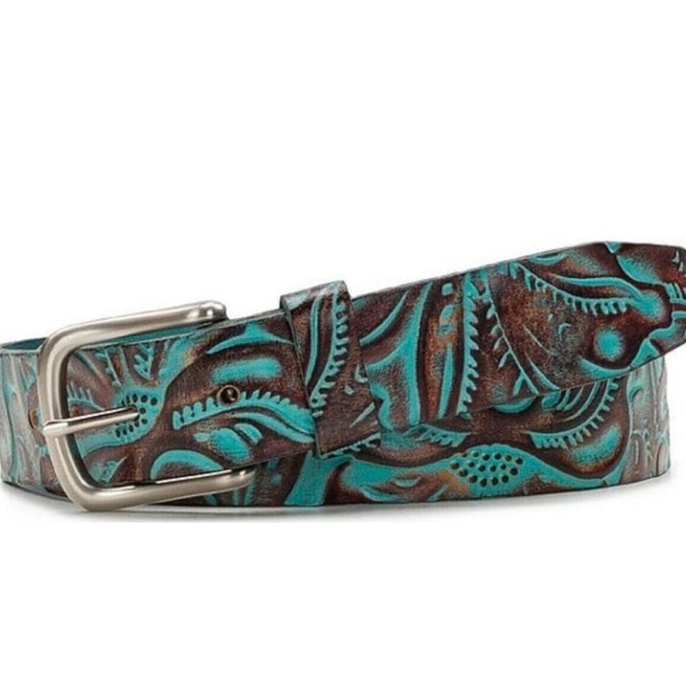 Patricia Nash Pelosa Turquoise and Brown Tooled Leather Belt SZ S NEW